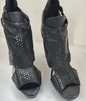 John Romaine double strap buckle perforated open toe heels
